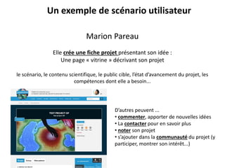 Un exemple de scénario utilisateur
Marion Pareau
Elle crée une fiche projet présentant son idée :
Une page « vitrine » décrivant son projet
le scénario, le contenu scientifique, le public cible, l’état d’avancement du projet, les
compétences dont elle a besoin...
D’autres peuvent ...
• commenter, apporter de nouvelles idées
• La contacter pour en savoir plus
• noter son projet
• s’ajouter dans la communauté du projet (y
participer, montrer son intérêt...)
 