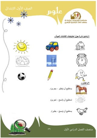)5( 
8( ضع دائرة حىل احتياجاث انكائناث انحيت: - 
9( اختار: - 
يستطيع أن )يطيز يجزي( . – 
تستطيع أن )تسبح تجزي(. – 
يستطيع أن )يسبح يطيز( . – 
 