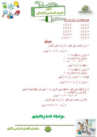6‫األول‬ ‫الدراسى‬ ‫الفصل‬ ‫منتصف‬
‫ال‬ ‫الصف‬‫سادس‬‫االبتدائى‬
‫علوم‬
( ‫عالمة‬ ‫ضع‬( ‫أو‬ )) ×:-
١-()٢-()
٣-()٤-()
٥-()٦-()
٧-()٨-()
٩-()١٠-()
‫مسـائل‬
١-= ‫القوش‬ ً‫عل‬ ‫الجغن‬ ‫ّصى‬
١
٦
‫األسض‬ ً‫عل‬ ًَ‫ّص‬
=
١
٦
٦٠٠=١٠٠‫ًٍْتي‬
٢-‫النتلخ‬ = ‫الْصى‬١٠
) ‫مجن‬ ( = ) ‫ًٍْتي‬ (١٠
٢٠=‫؟‬١٠
= ‫النتلخ‬
۲۰
١۰
=٢.‫مجن‬
٣-‫النتلخ‬ = ‫الْصى‬١٠
) ‫مجن‬ ( = ) ‫ًٍْتي‬ (١٠
= ‫النتلخ‬٢٠٠= ‫جن‬
۲۰۰
١۰۰۰
=
۲
١۰
.‫مجن‬
= ‫الْصى‬
۲
١۰
١٠=٢.‫ًٍْتي‬
٤-(١= ‫األسض‬ ً‫عل‬ َ‫متلت‬ = ‫القوش‬ ً‫عل‬ َ‫متلت‬ )١٠‫مجن‬.‫تتغٍش‬ ‫ال‬ َ‫ثبثت‬ ‫النتلخ‬ ‫الى‬
(٢)‫النتلخ‬ = ‫الْصى‬١٠
=١٠١٠=١٠٠‫ًٍْتي‬
(٣)= ‫القوش‬ ً‫عل‬ ‫الجغن‬ ‫ّصى‬
١
٦
‫األسض‬ ً‫عل‬ ًَ‫ّص‬
=
١
٦
١٠٠=٦٦,١٦‫ًٍْتي‬
‫والتوفيق‬ ‫بالنجاح‬ ‫متنياتنا‬ ‫مع‬
 