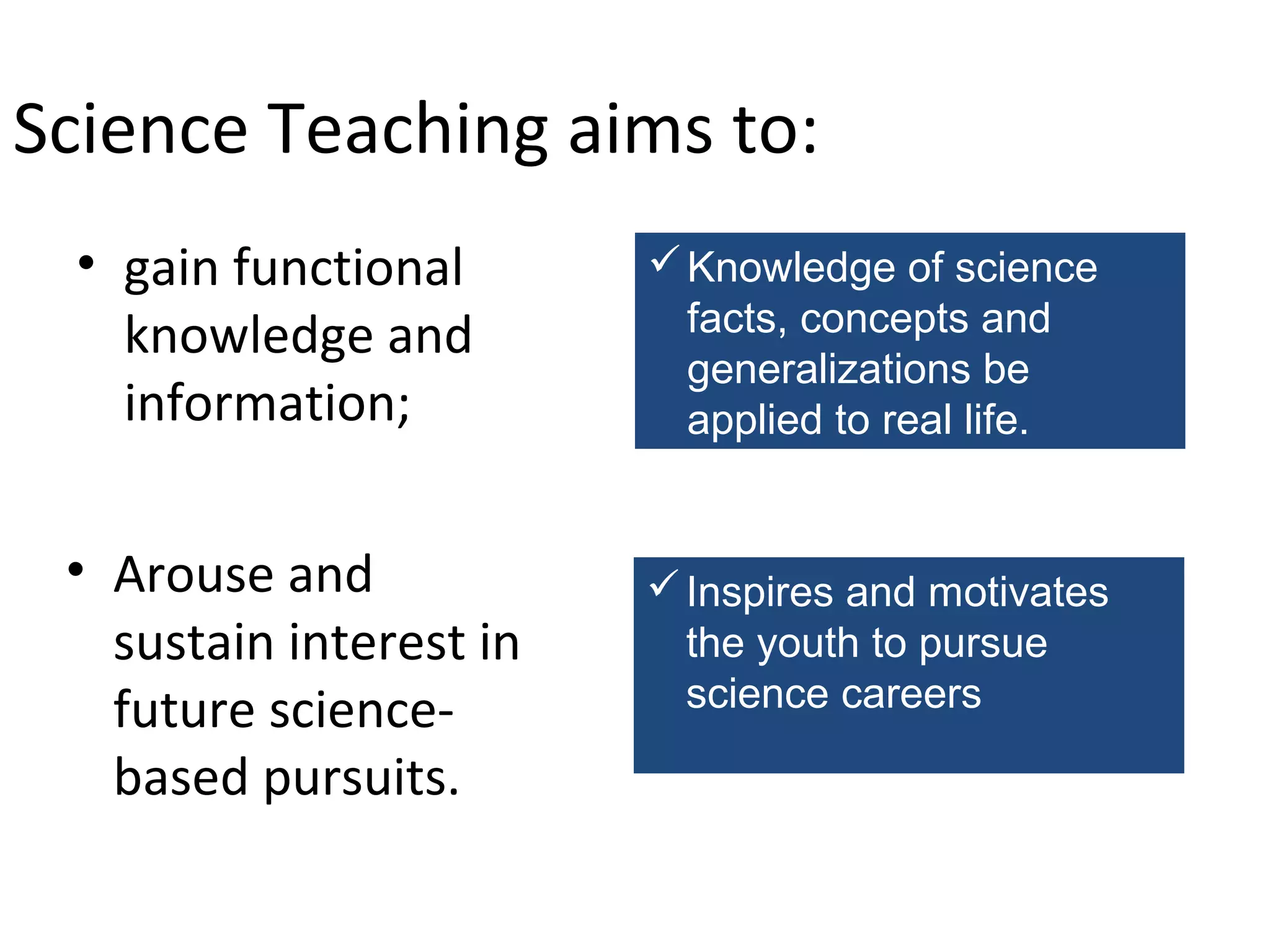Science Teaching aims to:
• gain functional
knowledge and
information;
• Arouse and
sustain interest in
future sciencebased pursuits.

 Knowledge of science
facts, concepts and
generalizations be
applied to real life.

 Inspires and motivates
the youth to pursue
science careers

 