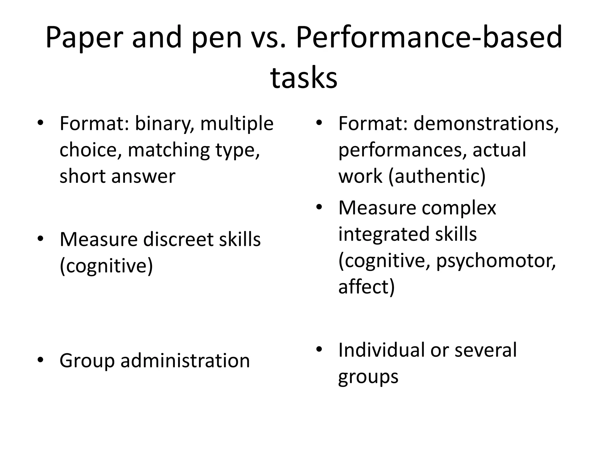 Paper and pen vs. Performance-based
tasks
• Format: binary, multiple
choice, matching type,
short answer
• Measure discreet skills
(cognitive)
• Group administration
• Format: demonstrations,
performances, actual
work (authentic)
• Measure complex
integrated skills
(cognitive, psychomotor,
affect)
• Individual or several
groups
 