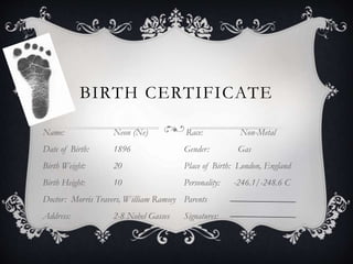 BIRTH CERTIFICATE
Name: Neon (Ne) Race: Non-Metal
Date of Birth: 1896 Gender: Gas
Birth Weight: 20 Place of Birth: London, England
Birth Height: 10 Personality: -246.1/-248.6 C
Doctor: Morris Travers, William Ramsey Parents
Address: 2-8 Nobel Gasses Signatures:
 