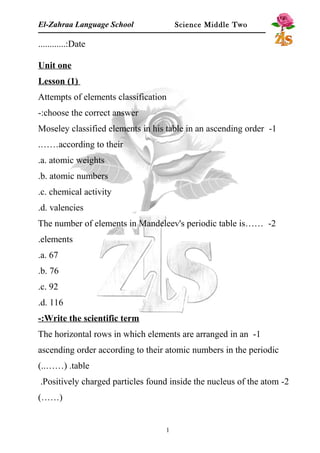 El-Zahraa Language School Science Middle Two 
............:Date 
Unit one 
Lesson (1) 
Attempts of elements classification 
-:choose the correct answer 
Moseley classified elements in his table in an ascending order -1 
.……according to their 
.a. atomic weights 
.b. atomic numbers 
.c. chemical activity 
.d. valencies 
The number of elements in Mandeleev's periodic table is…… -2 
.elements 
.a. 67 
.b. 76 
.c. 92 
.d. 116 
-: Write the scientific term 
The horizontal rows in which elements are arranged in an -1 
ascending order according to their atomic numbers in the periodic 
(..……) .table 
.Positively charged particles found inside the nucleus of the atom -2 
(……) 
1 
 