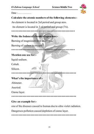 El-Zahraa Language School Science Middle Two 
Date :…………… 
Calculate the atomic numbers of the following elements:- 
An element is located in 2rd period and group zero. 
An element is located in 3 rd period and group (7A). 
*********************************************** 
Write the balanced chemical equations:- 
Burning of magnisium strip in oxygen. 
Burning of carbon in oxygen. 
*********************************************** 
Mention one use for:- 
liquid sodium. 
Cobalt. 
Silicon. 
************************************************ 
What’s the importance of:- 
Altimeter. 
Aneriod. 
Ozone layer. 
************************************************ 
Give an example for:- 
one of the diseases caused to human due to ultra violet radiation. 
Dangeruos pollution caused depletion of ozone layer. 
************************************************ 
29 
 