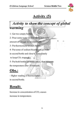 El-Zahraa Language School Science Middle Two 
Activity (5) 
Activity to show the concept of global 
warming 
1- Get two empty bottles. 
2- Pour some water in first bottle and some 
amount of vinegar in second bottle. 
3- Put thermometer in each bottle. 
4- Put some of sodium bicarbonate powder 
in second bottle and close it immediately 
to keep CO2 trapped. 
5- Put both bottles in sunny place, then measure 
the temperature after 10 minuets. 
Obs.: 
34 
- Higher reading of thermometer 
in second bottle. 
Result: 
Increase in concentration of CO2 causes 
increase in temperature. 
 