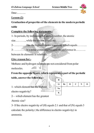 El-Zahraa Language School Science Middle Two 
Date:............ 
Lesson (2) 
Graduation of properties of the elements in the modern periodic 
table 
Complete the following statements:- 
1- In periods, by increasing the atomic number, the atomic 
size……….., while the electro negativity……………. 
2- …………. Has the highest electro negativity which equals……….. 
3- …………. Is a polar compound because the difference in……….. 
between its elements is relatively………. 
Give reason for:- 
Methane and hydrogen sulphide are not considered from polar 
molecules. 
From the opposite figure, which represents a part of the periodic 
table, answer the following:- 
1- which element has the highest 
electro negativity? 
2- - which element has the greatest 
Atomic size? 
3- If the electro negativity of (H) equals 2.1 and that of (N) equals 3 
calculate the polarity ( the difference in electro negativity) in 
ammonia. 
4 
H 
Li 
Na 
K 
Be B C N O 
 