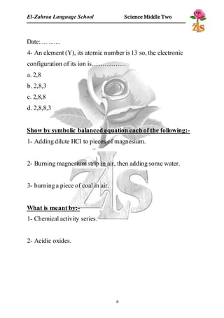 El-Zahraa Language School Science Middle Two 
Date:............ 
4- An element (Y), its atomic number is 13 so, the electronic 
configuration of its ion is……………. 
a. 2,8 
b. 2,8,3 
c. 2,8,8 
d. 2,8,8,3 
Show by symbolic balanced equation each of the following:- 
1- Adding dilute HCl to pieces of magnesium. 
2- Burning magnesium strip in air, then adding some water. 
6 
3- burning a piece of coal in air. 
What is meant by:- 
1- Chemical activity series. 
2- Acidic oxides. 
 