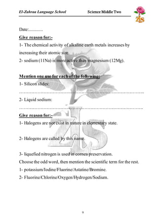 El-Zahraa Language School Science Middle Two 
Date:........... . 
Give reason for:- 
1- The chemical activity of alkaline earth metals increases by 
increasing their atomic size. 
2- sodium (11Na) is more active than magnesium (12Mg). 
Mention one use for each of the following: 
1- Silicon slides: 
……………………………………………………………………….. 
2- Liquid sodium: 
………………………………………………………………………. 
Give reason for:- 
1- Halogens are not exist in nature in elementary state. 
2- Halogens are called by this name. 
3- liquefied nitrogen is used in cornea preservation. 
Choose the odd word, then mention the scientific term for the rest. 
1- potassium/Iodine/Fluorine/Astatine/Bromine. 
2- Fluorine/Chlorine/Oxygen/Hydrogen/Sodium. 
9 
 