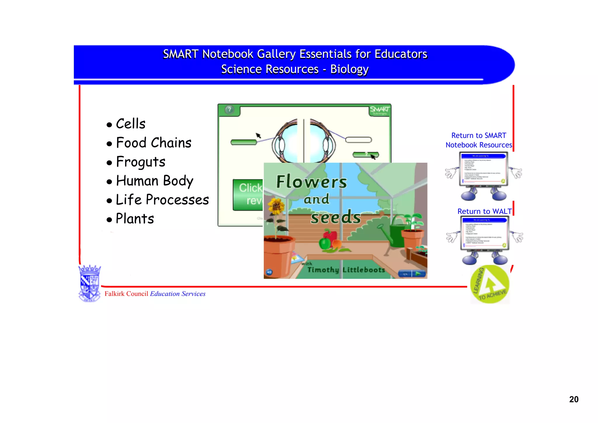 SMART Notebook Gallery Essentials for Educators
                            Science Resources ‐ Biology



• Cells
                                                                      Return to SMART
• Food Chains                                                        Notebook Resources

• Froguts
• Human Body
• Life Processes
                                                                        Return to WALT
• Plants




Falkirk Council Education Services




                                                                                          20
 