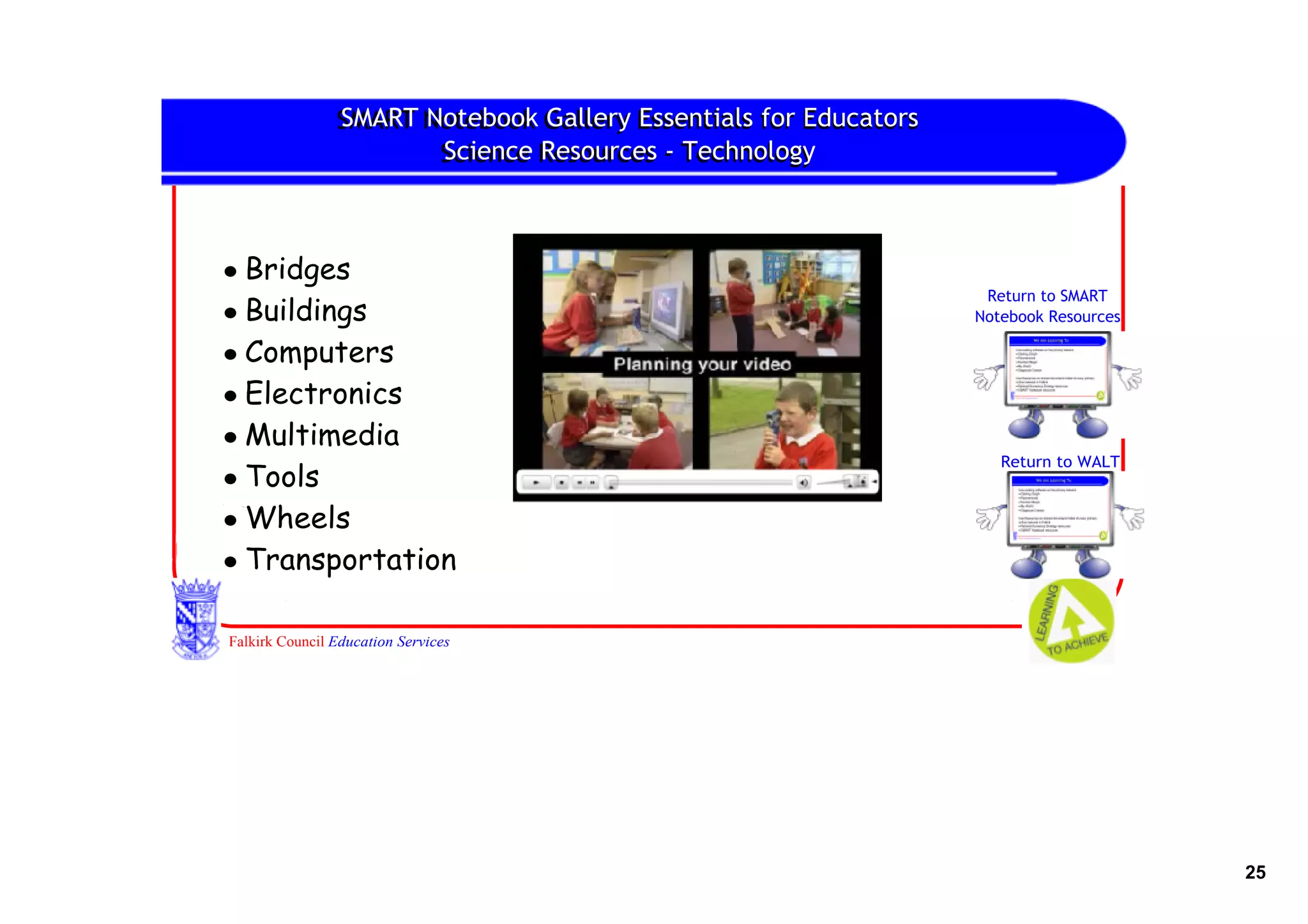 SMART Notebook Gallery
                SMART Notebook Gallery Essentials for Educators
                       Science Resources ‐ Technology
                       Science Resources



• Bridges
                                                                   Return to SMART
• Buildings                                                       Notebook Resources

• Computers
• Electronics
• Multimedia
                                                                     Return to WALT
• Tools
• Wheels
• Transportation

Falkirk Council Education Services




                                                                                       25
 
