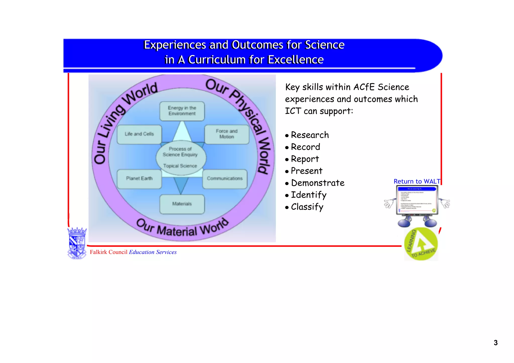 Experiences and Outcomes for Science
                    Experiences and Outcomes for Science
                        in A Curriculum for Excellence
                       in A Curriculum for Excellence

                                             Key skills within ACfE Science
                                             experiences and outcomes which
                                             ICT can support:

                                             • Research
                                             • Record
                                             • Report
                                             • Present
                                             • Demonstrate           Return to WALT

                                             • Identify
                                             • Classify




Falkirk Council Education Services




                                                                                      3
 