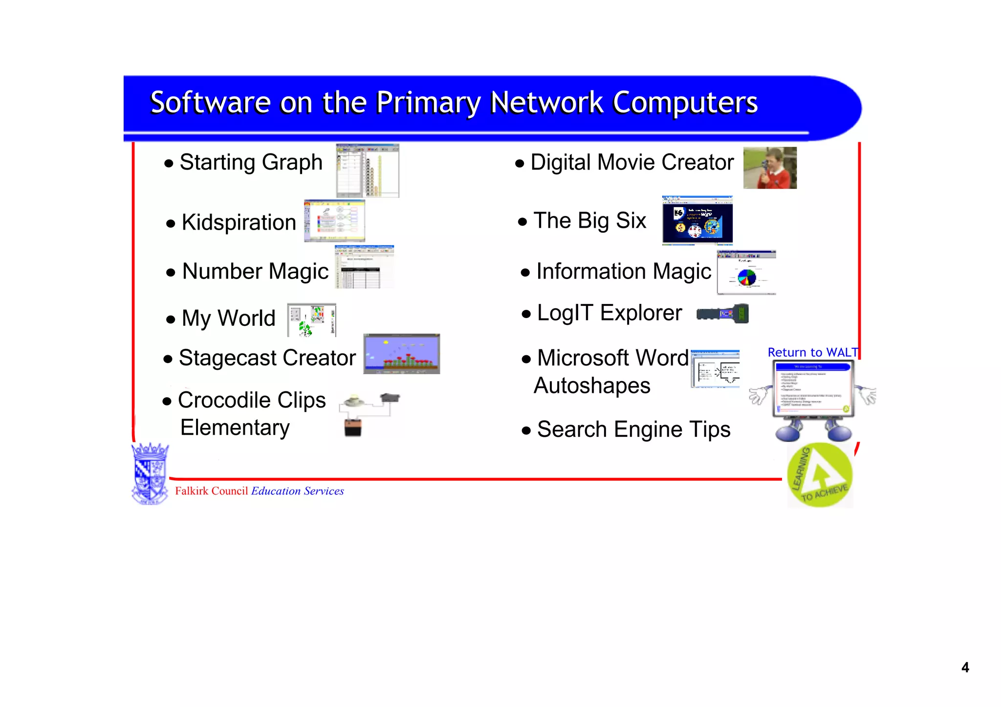 Software on the Primary Network Computers
• Starting Graph                       • Digital Movie Creator

 • Kidspiration                        • The Big Six

 • Number Magic                        • Information Magic

 • My World                            • LogIT Explorer
• Stagecast Creator                    • Microsoft Word          Return to WALT

                                         Autoshapes
• Crocodile Clips 
   Elementary                          • Search Engine Tips

  Falkirk Council Education Services




                                                                                  4
 
