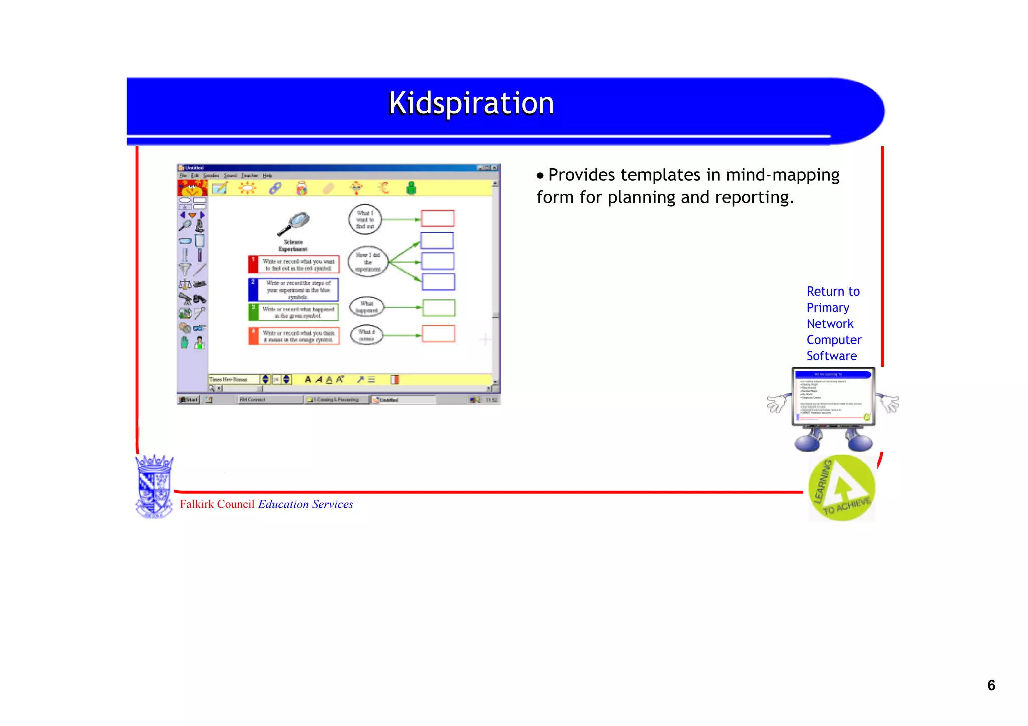 Kidspiration

                                               • Provides templates in mind‐mapping
                                               form for planning and reporting.




                                                                               Return to
                                                                               Primary
                                                                               Network
                                                                               Computer
                                                                               Software




Falkirk Council Education Services




                                                                                           6
 