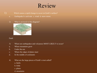 Review
1) Which causes a rapid change to occur on Earth’s surface?
a. Earthquake b. acid rain c. wind d. snow storm
2) What is pictured in this diagram?
Fault
3) Where are earthquakes and volcanoes MOST LIKELY to occur?
a. Where mountains grow
b. Under the sea
c. Where the edges of plates meet
d. In the middle of continents
4) What are the large pieces of Earth’s crust called?
a. faults
b. folds
c. plates
d. mountains
 