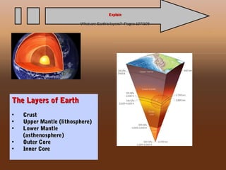 The Layers of EarthThe Layers of Earth
• CrustCrust
• Upper Mantle (lithosphere)Upper Mantle (lithosphere)
• Lower MantleLower Mantle
(asthenosphere)(asthenosphere)
• Outer CoreOuter Core
• Inner CoreInner Core
ExplainExplain
What are Earth’s layers? Pages 197/198What are Earth’s layers? Pages 197/198
 