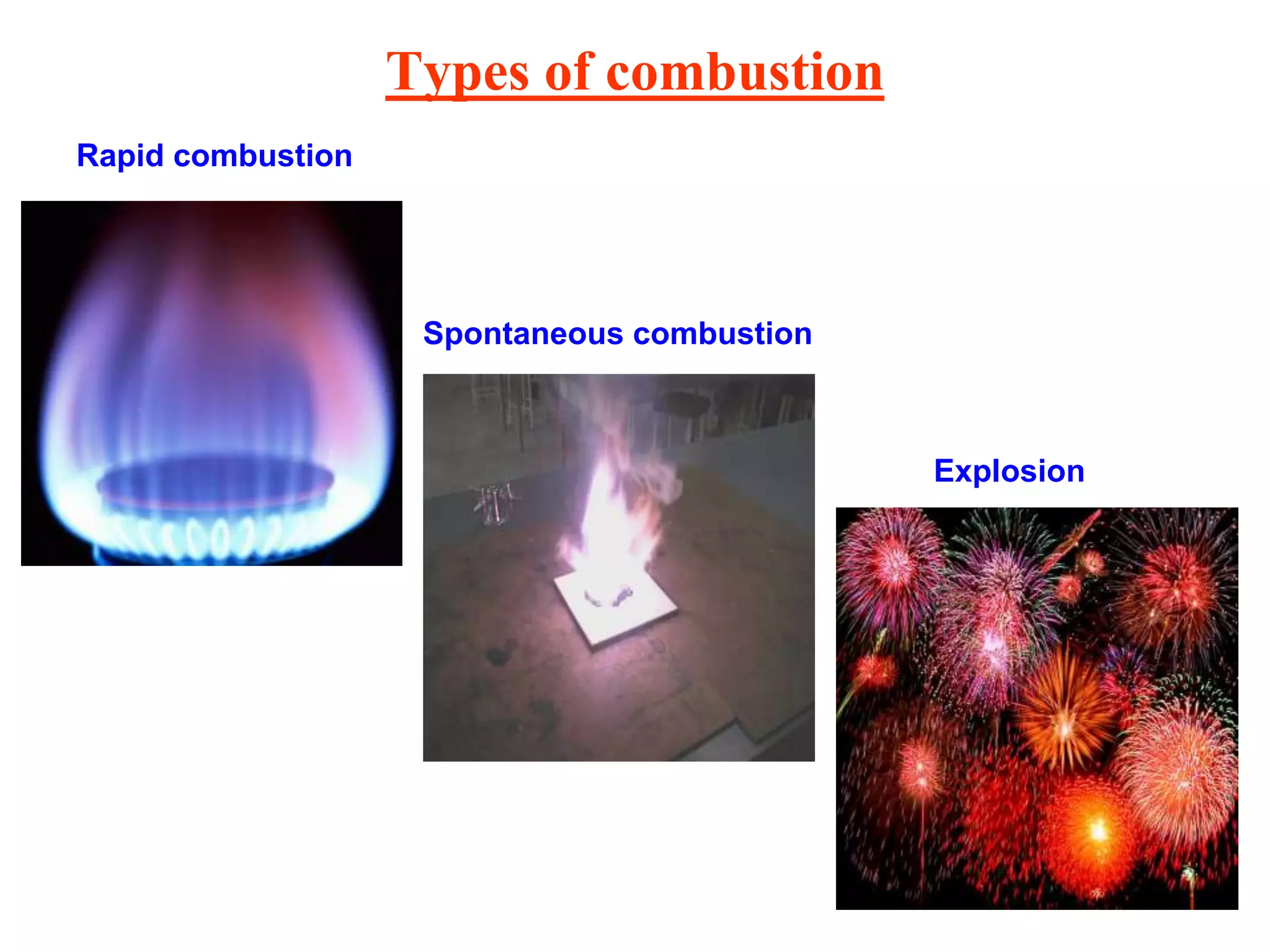 Types of combustion
Rapid combustion
Spontaneous combustion
Explosion
 