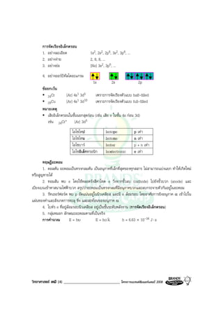 วิทยาศาสตร เคมี (4) _____________________________ โครงการแบรนดซัมเมอรแคมป 2008 2008
การจัดเรียงอิเล็กตรอน
1. อยางละเอียด 1s2, 2s2, 2p6, 3s2, 3p6, ...
2. อยางงาย 2, 8, 8, ...
3. อยางยอ [Ne] 3s2, 3p6, ...
4. อยางออรบิทัลไดอะแกรม
1s 2s 2p
ขอยกเวน
24Cr [Ar] 4s1 3d5 เพราะการจัดเรียงตัวแบบ half-filled
29Cu [Ar] 4s1 3d10 เพราะการจัดเรียงตัวแบบ full-filled
หมายเหตุ
เสียอิเล็กตรอนในชั้นนอกสุดกอน (เชน เสีย e ในชั้น 4s กอน 3d)
เชน 24Cr+ [Ar] 3d5
ไอโซโทป Isotope p เทา
ไอโซโทน Isotone n เทา
ไอโซบาร Isobar p + n เทา
ไอโซอิเล็กทรอนิก Isoelectronic e เทา
ทฤษฎีอะตอม
1. ดอลตัน อะตอมเปนทรงกลมตัน เปนอนุภาคที่เล็กที่สุดของทุกสสาร ไมสามารถแบงแยก ทําใหเกิดใหม
หรือสูญหายได
2. ทอมสัน พบ e โดยใชหลอดรังสีคาโทด e วิ่งจากขั้วลบ (cathode) ไปยังขั้วบวก (anode) และ
เบียงเบนเขาหาสนามไฟฟาบวก สรุปวาอะตอมเปนทรงกลมที่มีอนุภาคบวกและลบกระจายตัวกันอยูในอะตอม
3. รัทเธอรฟอรด พบ p อัดแนนอยูในนิวเคลียส และมี e ลอมรอบ โดยอาศัยการยิงอนุภาค α เขาไปใน
แผนทองคําและสังเกตการทะลุ ชิ่ง และสะทอนของอนุภาค α
4. โบหร e ที่อยูลอมรอบนิวเคลียส อยูเปนชั้นระดับพลังงาน (การจัดเรียงอิเล็กตรอน)
5. กลุมหมอก ลักษณะอะตอมตามที่เปนจริง
การคํานวณ E = hυ E = hc/λ h = 6.63 × 10-34 J⋅ s
 
