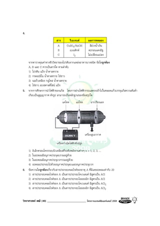 วิทยาศาสตร เคมี (40) ____________________________ โครงการแบรนดซัมเมอรแคมป 2008 2008
4.
สาร รีเอเจนต ผลการทดลอง
A CuSO4/NaOH สีมวงน้ําเงิน
B เบเนดิกต ตะกอนแดงอิฐ
C I2 ไมเปลี่ยนแปลง
จากตารางคุณคาทางชีววิทยาของโปรตีนจากแหลงอาหารบางชนิด ขอใดถูกตอง
A, B และ C ควรเปนสารใด ตามลําดับ
1) โปรตีน แปง น้ําตาลทราย
2) กรดอะมิโน น้ําตาลทราย ไขขาว
3) นมถั่วเหลือง กลูโคส น้ําตาลทราย
4) ไขขาว อะเซตาลดีไฮน แปง
5. จากการศึกษาการนําไฟฟาของแกส โดยการผานไฟฟากระแสตรงเขาไปในหลอดแกวบรรจุแกสความดันต่ํา
เกือบเปนสูญญากาศ ดังรูป สามารถเปนหลักฐานของขอสรุปใด
แคโทด แอโทด ฉากเรืองแสง
เครื่องสูบอากาศ
เครื่องกําเนิดไฟฟาศักยสูง
1) อิเล็กตรอนโคจรรอบนิวเคลียสที่ระดับพลังงานตางๆ n = 1, 2, 3, ...
2) ในอะตอมมีอนุภาคประจุลบรวมอยูดวย
3) ในอะตอมมีอนุภาคประจุบวกรวมอยูดวย
4) อะตอมประกอบไปดวยอนุภาคประจุลบและอนุภาคประจุบวก
6. ขอความใดถูกตองเกี่ยวกับสารประกอบคลอไรดของธาตุ A ที่มีเลขอะตอมเทากับ 20
1) สารประกอบคลอไรดของ A เปนสารประกอบโคเวเลนต มีสูตรเปน ACl
2) สารประกอบคลอไรดของ A เปนสารประกอบไอออนนิก มีสูตรเปน ACl
3) สารประกอบคลอไรดของ A เปนสารประกอบโคเวเลนต มีสูตรเปน ACl2
4) สารประกอบคลอไรดของ A เปนสารประกอบไอออนนิก มีสูตรเปน ACl2
 