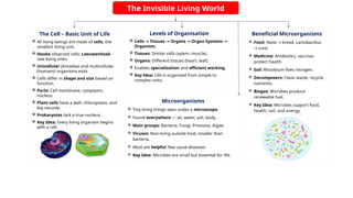 The Invisible Living World
The Cell – Basic Unit of Life
 All living beings are made of cells, the
smallest living unit.
 Hooke observed cells; Leeuwenhoek
saw living ones.
 Unicellular (Amoeba) and multicellular
(humans) organisms exist.
 Cells differ in shape and size based on
function.
 Parts: Cell membrane, cytoplasm,
nucleus.
 Plant cells have a wall, chloroplasts, and
big vacuole.
 Prokaryotes lack a true nucleus.
 Key Idea: Every living organism begins
with a cell.
Levels of Organisation
 Cells Tissues Organs Organ Systems
→ → → →
Organism.
 Tissues: Similar cells (xylem, muscle).
 Organs: Different tissues (heart, leaf).
 Enables specialization and efficient working.
 Key Idea: Life is organized from simple to
complex units.
Microorganisms
 Tiny living things seen under a microscope.
 Found everywhere — air, water, soil, body.
 Main groups: Bacteria, Fungi, Protozoa, Algae.
 Viruses: Non-living outside host, smaller than
bacteria.
 Most are helpful, few cause diseases.
 Key Idea: Microbes are small but essential for life.
Beneficial Microorganisms
 Food: Yeast bread, Lactobacillus
→
curd.
→
 Medicine: Antibiotics, vaccines
protect health.
 Soil: Rhizobium fixes nitrogen.
 Decomposers: Clean waste, recycle
nutrients.
 Biogas: Microbes produce
renewable fuel.
 Key Idea: Microbes support food,
health, soil, and energy.
 