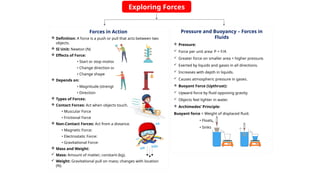 Exploring Forces
Forces in Action
 Definition: A force is a push or pull that acts between two
objects.
 SI Unit: Newton (N)
 Effects of Force:
• Start or stop motion
• Change direction or speed
• Change shape
 Depends on:
• Magnitude (strength)
• Direction
 Types of Forces:
 Contact Forces: Act when objects touch.
• Muscular Force
• Frictional Force
 Non-Contact Forces: Act from a distance.
• Magnetic Force:
• Electrostatic Force:
• Gravitational Force:
 Mass and Weight:
 Mass: Amount of matter; constant (kg).
 Weight: Gravitational pull on mass; changes with location
(N).
Pressure and Buoyancy – Forces in
Fluids
 Pressure:
 Force per unit area: P = F/A
 Greater force on smaller area = higher pressure.
 Exerted by liquids and gases in all directions.
 Increases with depth in liquids.
 Causes atmospheric pressure in gases.
 Buoyant Force (Upthrust):
 Upward force by fluid opposing gravity.
 Objects feel lighter in water.
 Archimedes’ Principle:
Buoyant force = Weight of displaced fluid.
• Floats
• Sinks
 