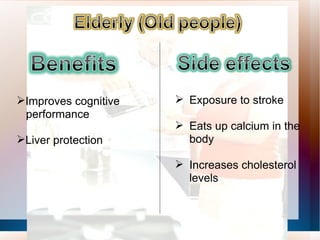 Improves cognitive performance Liver protection Exposure to stroke Eats up calcium in the body Increases cholesterol levels 