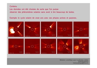 Médiation scientifique pour la physique solaire
ScienceComm13
hanna.sathiapal@fhnw.ch
Contenu
Les données ont été choisies de sorte que l’on puisse 
observer des phénomènes solaires sans avoir à lire beaucoup de textes.
Exemple: le cycle solaire de onze ans avec ses phases actives et passives.
 