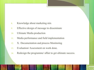 8. Knowledge about marketing mix
9. Effective design of message to disseminate
10. Ultimate Media production
11. Media performance and field implementation
12. X. Documentation and process Monitoring
13. Evaluation/ Assessment on work done.
14. Redesign the programme/ affair to get ultimate success.
 