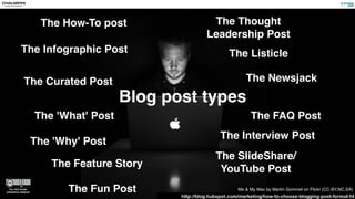 Blog post types
http://blog.hubspot.com/marketing/how-to-choose-blogging-post-format-ht
The How-To post
The Curated Post 
The Feature Story
The 'Why' Post 
The Listicle
The Thought
Leadership Post
The 'What' Post
The Interview Post
The FAQ Post
The Fun Post
The SlideShare/
YouTube Post
The Infographic Post 
The Newsjack
Me & My Mac by Martin Gommel on Flickr (CC-BY,NC,SA)
 