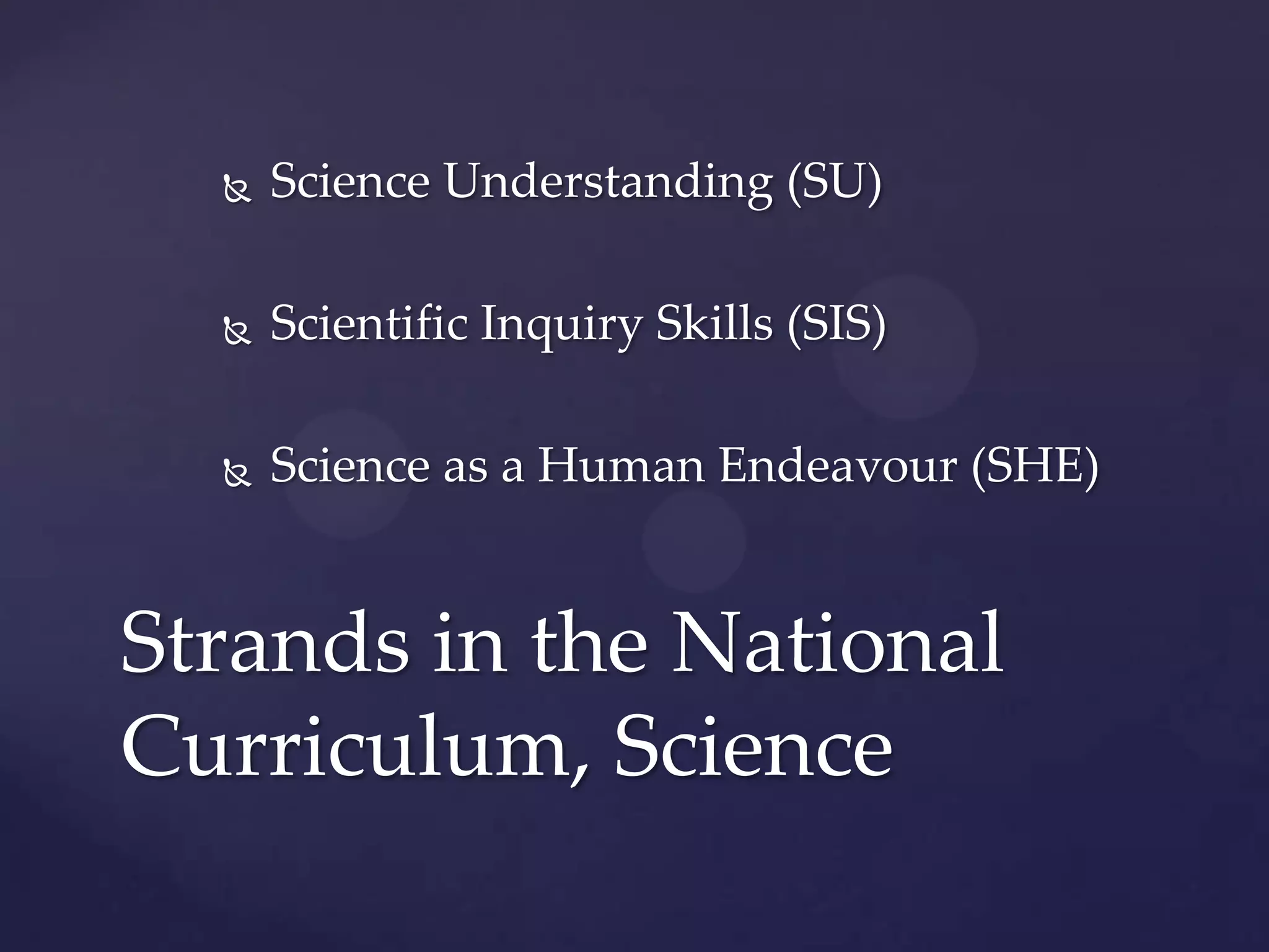    Science Understanding (SU)

     Scientific Inquiry Skills (SIS)

     Science as a Human Endeavour (SHE)


Strands in the National
Curriculum, Science
 