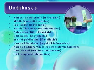 Databases Author’s First Name (if available) Middle Name (if available) Last Name (if available) Article Title (required information) Publication Title (if available) Edition info (if available) Year of publication (if available) Name of Database (required information) Name of Library where you got information from  Date viewed (required information) URL (required information) 