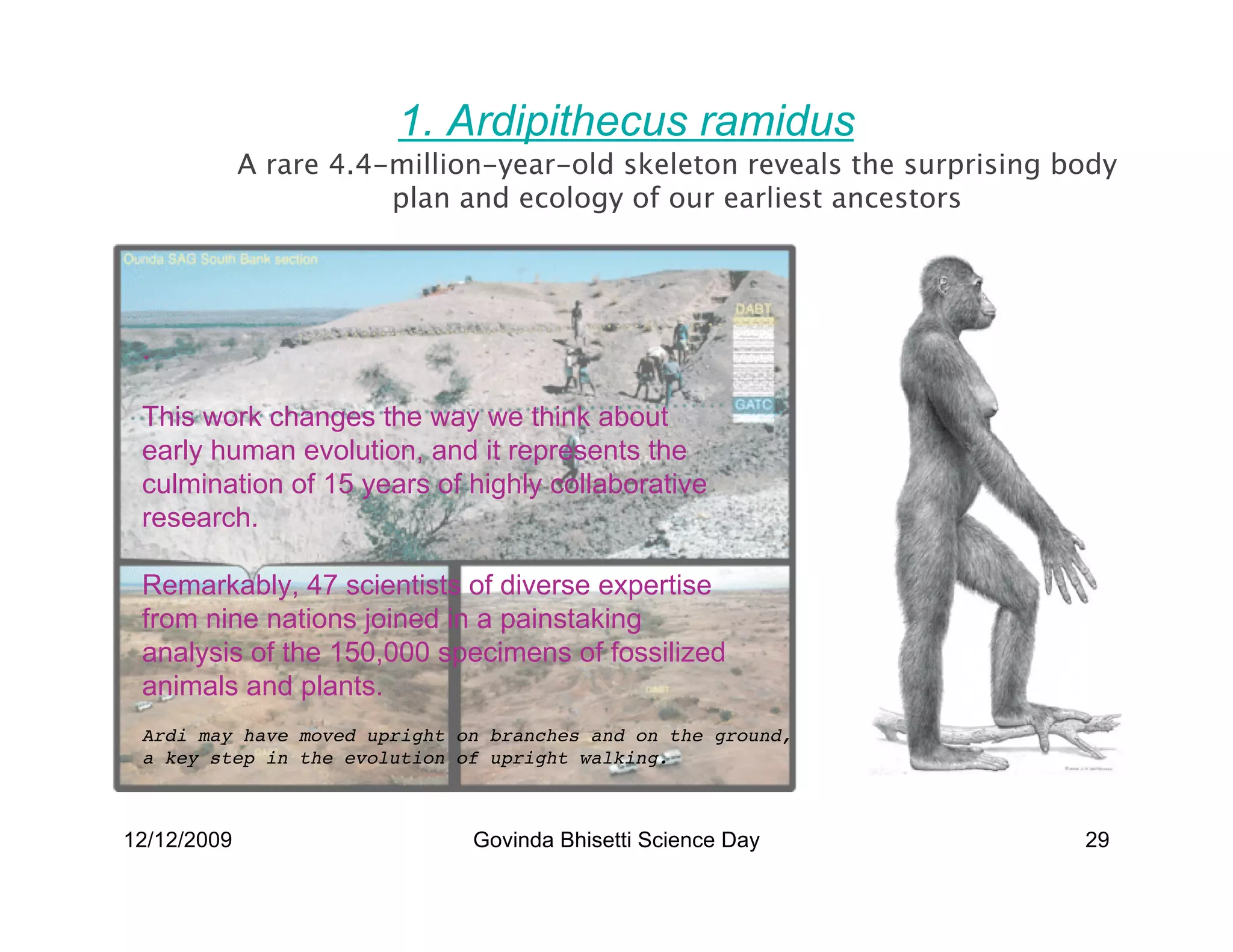 1. Ardipithecus ramidus
             A rare 4.4-million-year-old skeleton reveals the surprising body
                        plan and ecology of our earliest ancestors




 .

 This work changes the way we think about
 early human evolution, and it represents the
 culmination of 15 years of highly collaborative
 research.

 Remarkably, 47 scientists of diverse expertise
 from nine nations joined in a painstaking
 analysis of the 150,000 specimens of fossilized
 animals and plants.
 Ardi may have moved upright on branches and on the ground,
 a key step in the evolution of upright walking.



12/12/2009                    Govinda Bhisetti Science Day                29
 