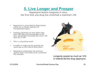 5. Live Longer and Prosper
                      Rapamycin boosts longevity in mice,
             the ﬁrst time any drug has stretched a mammal’s life



•   Rapamycin is prescribed to ﬁght kidney
    cancer or to stymie rejection of
    transplanted organs.

•   Feeding rapamycin to mice when they
    were 600 days old (comparable to 60-
    year-old people) increased the mice’s life
    span by 9-14%.

•   This is a puzzling result.

•   It might or might not be working the
    same way as the Calorie Restriction..

•   Rapamycin undermines the immune
    system and is not likely to be a practical
    life extender.
                                                      Longevity soared as much as 14%
                                                      in rodents fed the drug rapamycin.

12/12/2009                       Govinda Bhisetti Science Day                        25
 