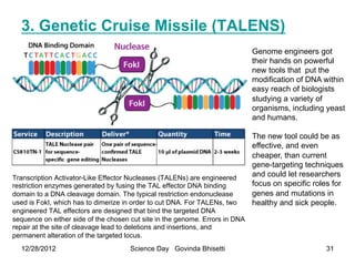 3. Genetic Cruise Missile (TALENS)
                                                                              Genome engineers got
                                                                              their hands on powerful
                                                                              new tools that put the
                                                                              modiﬁcation of DNA within
                                                                              easy reach of biologists
                                                                              studying a variety of
                                                                              organisms, including yeast
                                                                              and humans.

                                                                              The new tool could be as
                                                                              effective, and even
                                                                              cheaper, than current
                                                                              gene-targeting techniques
Transcription Activator-Like Effector Nucleases (TALENs) are engineered       and could let researchers
restriction enzymes generated by fusing the TAL effector DNA binding          focus on specific roles for
domain to a DNA cleavage domain. The typical restriction endonuclease         genes and mutations in
used is FokI, which has to dimerize in order to cut DNA. For TALENs, two      healthy and sick people.
engineered TAL effectors are designed that bind the targeted DNA
sequence on either side of the chosen cut site in the genome. Errors in DNA
repair at the site of cleavage lead to deletions and insertions, and
permanent alteration of the targeted locus.
  12/28/2012                         Science Day Govinda Bhisetti                                  31
 
