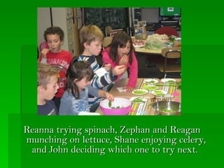 Reanna trying spinach, Zephan and Reagan munching on lettuce, Shane enjoying celery, and John deciding which one to try next.