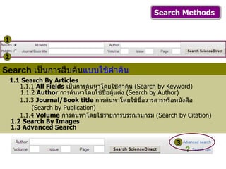 1.1 Search By Articles   1.1.1   All Fields   เป็นการค้นหาโดยใช้คำค้น  ( Search by Keyword)   1.1.2   Author  การค้นหาโดยใช้ชื่อผู้แต่ง  ( Search by Author) 1.1.3   Journal/Book title   การค้นหาโดยใช้ชื่อวารสารหรือหนังสือ  ( Search by Publication) 1.1.4   Volume   การค้นหาโดยใช้รายการบรรณานุกรม  ( Search by Citation) 1.2   Search By Images 1.3 Advanced Search Search Methods  Search   เป็นการสืบค้น แบบใช้คำค้น 1 2 3 