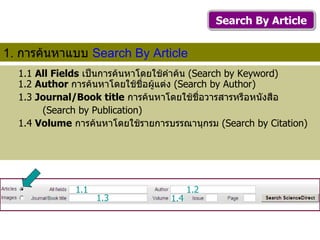 1.1   All Fields   เป็นการค้นหาโดยใช้คำค้น  ( Search by Keyword)  1.2   Author  การค้นหาโดยใช้ชื่อผู้แต่ง  ( Search by Author) 1.3   Journal/Book title   การค้นหาโดยใช้ชื่อวารสารหรือหนังสือ  ( Search by Publication) 1.4   Volume   การค้นหาโดยใช้รายการบรรณานุกรม  ( Search by Citation) 1.1 1.2 1.3 1.4 1.  การค้นหาแบบ  Search By Article   Search By Article 
