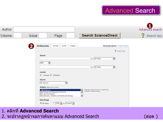 Advanced  Search  1 2 1.  คลิกที่  Advanced Search 2.  จะปรากฏหน้าจอการค้นหาแบบ  Advanced Search  ( ต่อ  )   