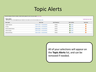 Topic Alerts

All of your selections will appear on
the Topic Alerts list, and can be
removed if needed.

 