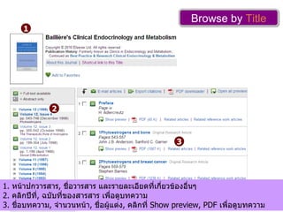 Browse by  Title 1.  หน้าปกวารสาร ,  ชื่อวารสาร และรายละเอียดที่เกี่ยวข้องอื่นๆ 2.  คลิกปีที่ ,  ฉบับที่ของสารสาร เพื่อดูบทความ  3.  ชื่อบทความ ,  จำนวนหน้า ,  ชื่อผู้แต่ง ,  คลิกที่  Show preview, PDF  เพื่อดูบทความ 1 2 3 