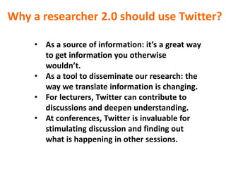 Science dissemination 2.0: Social media for researchers (MTM-MSc 2021)