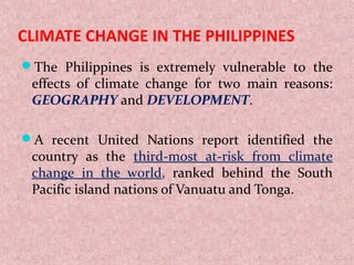 CLIMATE CHANGE IN THE PHILIPPINES
The Philippines is extremely vulnerable to the
effects of climate change for two main reasons:
GEOGRAPHY and DEVELOPMENT.
A recent United Nations report identified the
country as the third-most at-risk from climate
change in the world, ranked behind the South
Pacific island nations of Vanuatu and Tonga.
 