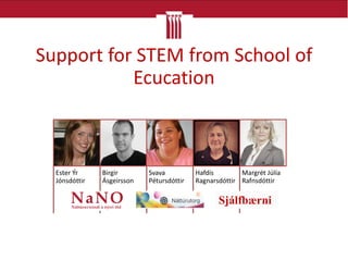 Ester Ýr
Jónsdóttir
Birgir
Ásgeirsson
Svava
Pétursdóttir
Hafdís
Ragnarsdóttir
Margrét Júlía
Rafnsdóttir
Support for STEM from School of
Ecucation
Sjálfbærni
 