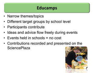 • Narrow themes/topics
• Different target groups by school level
• Participants contribute
• Ideas and advice flow freely during events
• Events held in schools = no cost
• Contributions recorded and presented on the
SciencePlaza
Educamps
 
