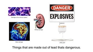 Things that are made out of lead thats dangerous.
white paint
Brain damage
Kidney damage
Explosive
s
Damage to the nervous system
 