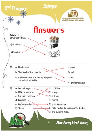 (7) 
2 nd Primary Science 
Mid-term First term 
Answers 
I- Match :- 
a) Carbohydrates 
b)Vitamins 
c) Proteins 
2) a) Plants need 1- sugar 
b) The food of the plant is 2- salt 
c) A process that is made by the plant 3- air 
to make its food is 
4- photosynthesis 
3) a) We eat to get 1- proteins 
b) Milk comes from 2- energy 
c) Fish and meat are 3- animals 
d) Proteins 4- plants 
e) Carbohydrates 5- give us energy 
f) Fibres 6- help wastes to pass out the body. 
7- are building food.  