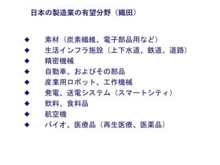 ◆ 素材（炭素繊維、電子部品用など）
◆ 生活インフラ施設（上下水道、鉄道、道路）
◆ 精密機械
◆ 自動車、およびその部品
◆ 産業用ロボット、工作機械
◆ 発電、送電システム（スマートシティ）
◆ 飲料、食料品
◆ 航空機
◆ バイオ、医療品（再生医療、医薬品）
日本の製造業の有望分野（織田）
 