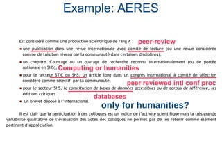 Example: AERES
peer-review
Computing or humanities
peer reviewed intl conf proc
only for humanities?
databases
 