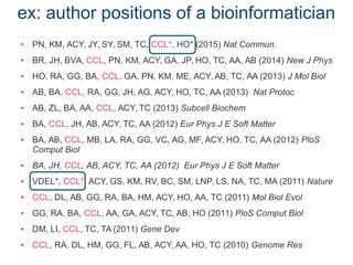  PN, KM, ACY, JY, SY, SM, TC, CCL*, HO* (2015) Nat Commun.
 BR, JH, BVA, CCL, PN, KM, ACY, GA, JP, HO, TC, AA, AB (2014) New J Phys
 HO, RA, GG, BA, CCL, GA, PN, KM, ME, ACY, AB, TC, AA (2013) J Mol Biol
 AB, BA, CCL, RA, GG, JH, AG, ACY, HO, TC, AA (2013) Nat Protoc
 AB, ZL, BA, AA, CCL, ACY, TC (2013) Subcell Biochem
 BA, CCL, JH, AB, ACY, TC, AA (2012) Eur Phys J E Soft Matter
 BA, AB, CCL, MB, LA, RA, GG, VC, AG, MF, ACY, HO, TC, AA (2012) PloS
Comput Biol
 BA, JH, CCL, AB, ACY, TC, AA (2012) Eur Phys J E Soft Matter
 VDEL*, CCL*, ACY, GS, KM, RV, BC, SM, LNP, LS, NA, TC, MA (2011) Nature
 CCL, DL, AB, GG, RA, BA, HM, ACY, HO, AA, TC (2011) Mol Biol Evol
 GG, RA, BA, CCL, AA, GA, ACY, TC, AB, HO (2011) PloS Comput Biol
 DM, LI, CCL, TC, TA (2011) Gene Dev
 CCL, RA, DL, HM, GG, FL, AB, ACY, AA, HO, TC (2010) Genome Res
ex: author positions of a bioinformatician
 