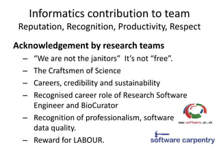 Acknowledgement by research teams
– “We are not the janitors” It’s not “free”.
– The Craftsmen of Science
– Careers, credi...