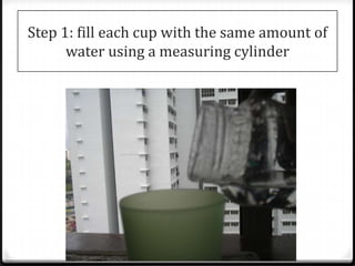 Step 1: fill each cup with the same amount of
      water using a measuring cylinder
 